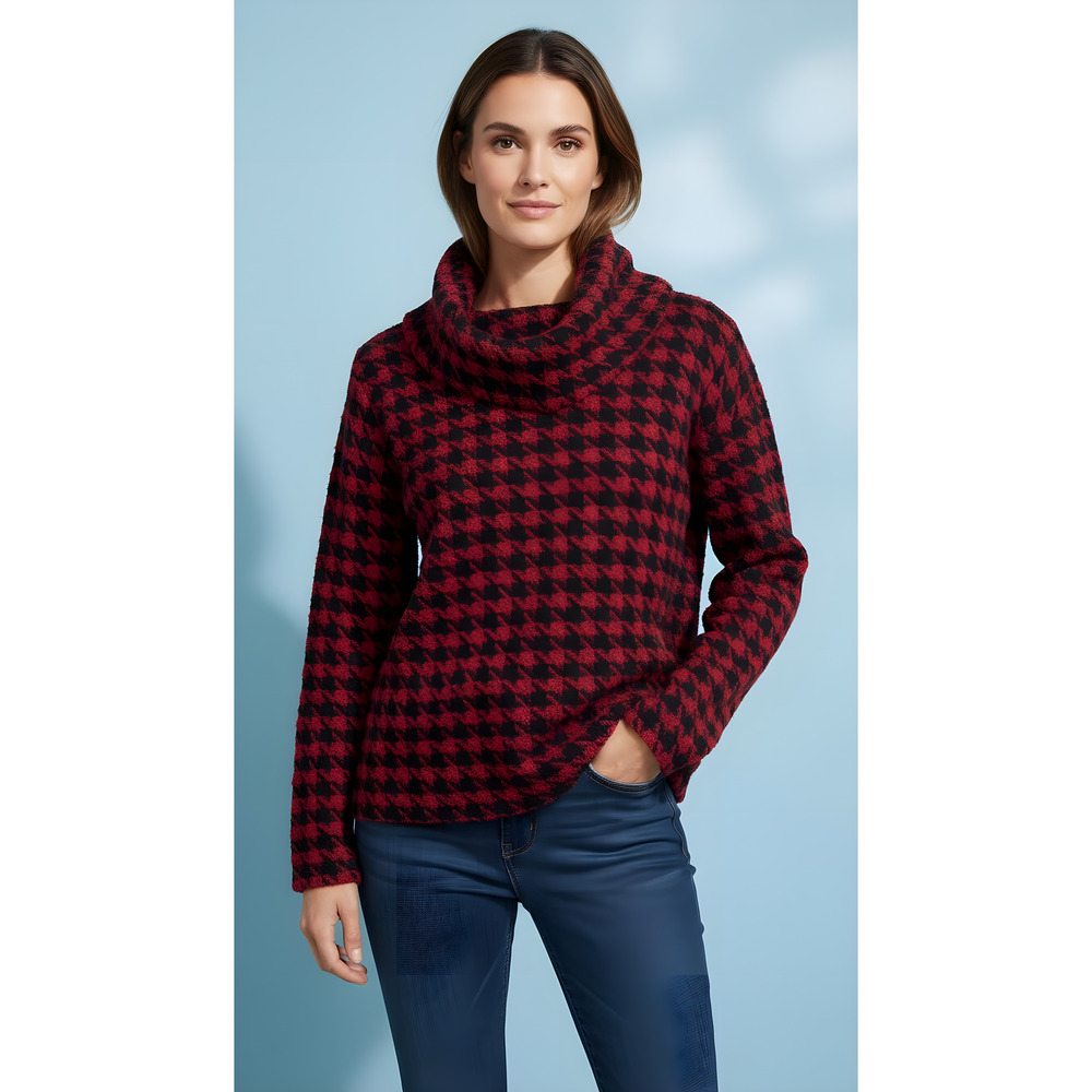 Lulu-B‎ Women's Cowl Neck Houndstooth Pullover Sweater Red Size Small